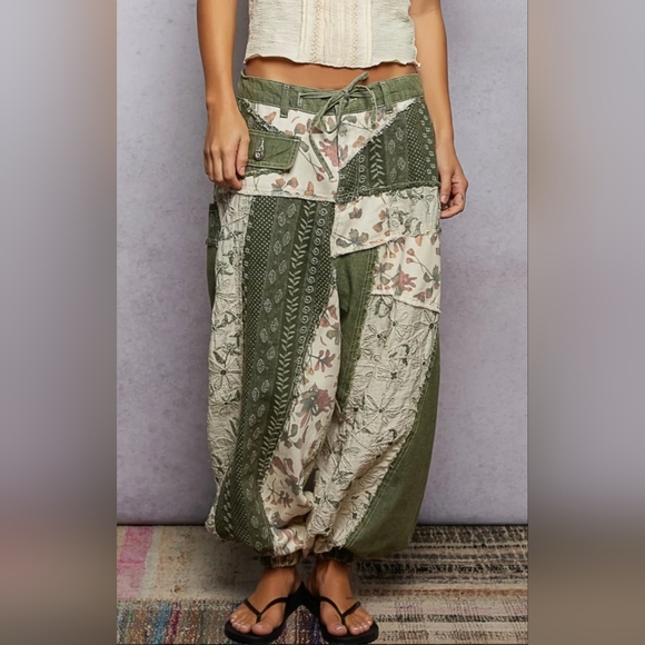 POL Pants - POL Olive & Cream Patchwork Jogger Pants